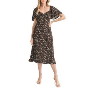 LUSH Floral Flutter Sleeve A-Line Dress M Black Ditsy Print Sweetheart NWT B75